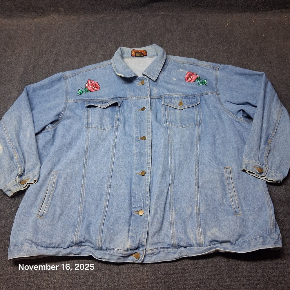Vintage Bonjour Rose Pattern Graphic Denim‎ Jacket Plus Size 4X Blue Jean